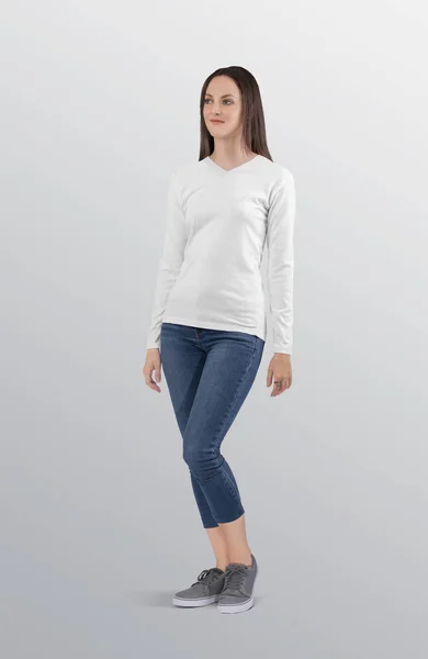 Beautiful Standing Female Model Wearing White Plain Neck Long Sleeve — стоковое фото