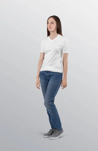 Beautiful Standing Female Model Wearing White Plain Neck Shirt Blue — стоковое фото