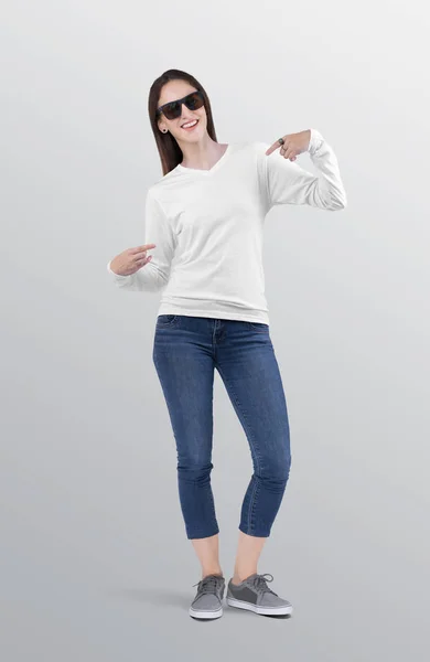 Beautiful Standing Female Model Wearing White Plain Neck Long Sleeve — стоковое фото