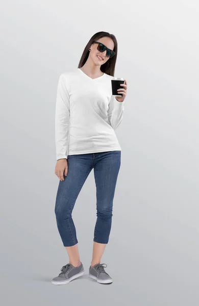 Bonito Modelo Feminino Vestindo Branco Liso Pescoço Camisa Manga Comprida — Fotografia de Stock