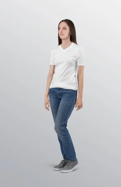 Standing Beautiful Female Model White Plain Neck Shirt Wearing Blue — Stock Photo, Image