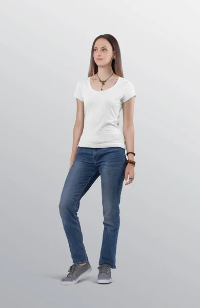 Beyaz Sade Kısa Kollu Tişörtlü Kot Pantolon Pantolon Giyen Güzel — Stok fotoğraf