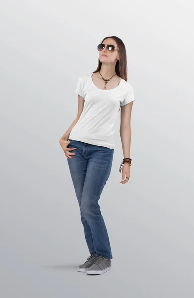 Standing Beautiful Female Model White Plain Short Sleeve Shirt Wearing — стоковое фото