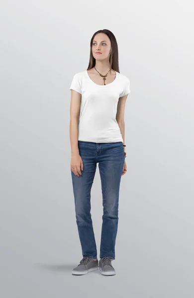 Modelo Femenino Hermoso Pie Camiseta Manga Corta Lisa Blanca Con — Foto de Stock