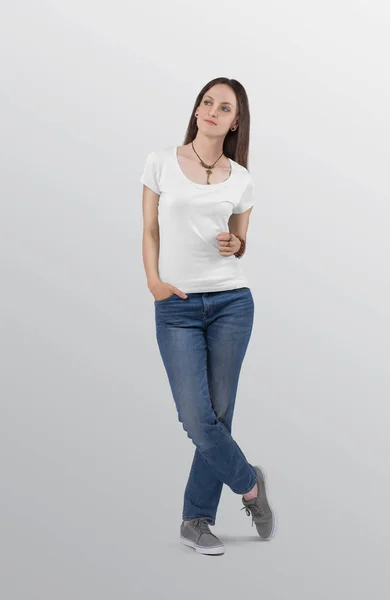 Standing Beautiful Female Model White Plain Short Sleeve Shirt Wearing — Stock Photo, Image