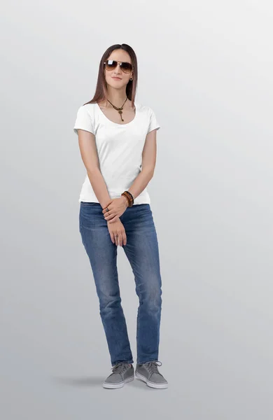 Standing Beautiful Female Model White Plain Short Sleeve Shirt Wearing — стоковое фото