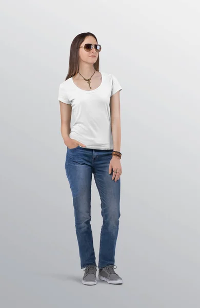 Standing Beautiful Female Model White Plain Short Sleeve Shirt Wearing — стоковое фото