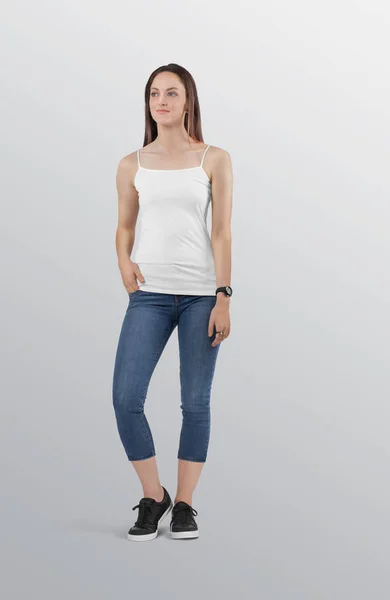 Standing Beautiful Female Model White Plain Camisole Shirt Wearing Blue — стоковое фото