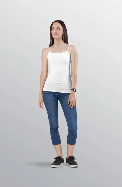 Standing Beautiful Female Model Plain White Camisole Shirt Wearing Blue — стоковое фото