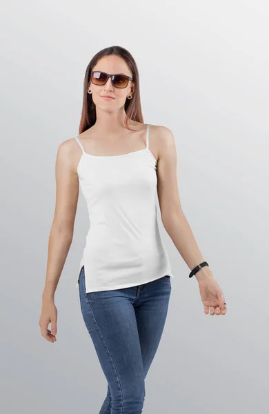 Closeup Standing Beautiful Female Model Plain White Camisole Shirt Wearing — Stock Photo, Image