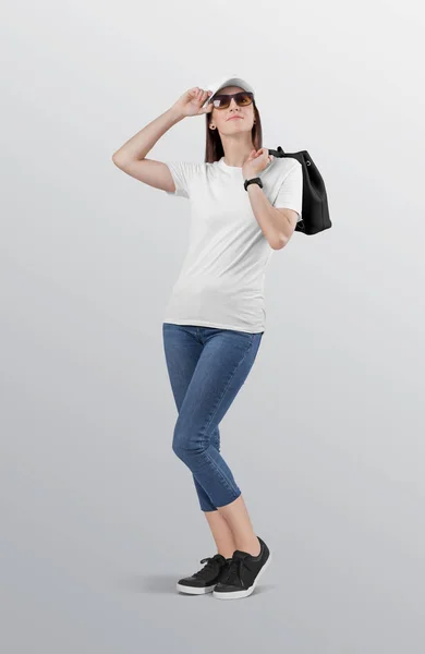 Standing Beautiful Female Model Plain White Crew Neck Shirt Wearing — стоковое фото