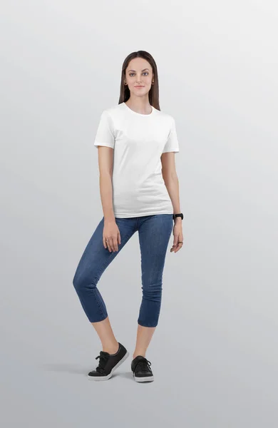Standing Beautiful Female Model Plain White Crew Neck Shirt Wearing — стоковое фото