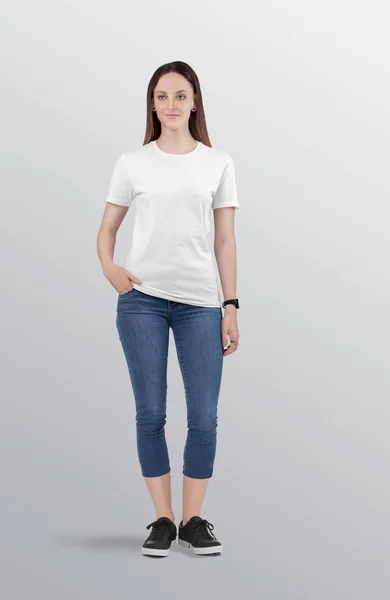 Beau Modèle Féminin Debout Shirt Col Rond Blanc Uni Portant — Photo