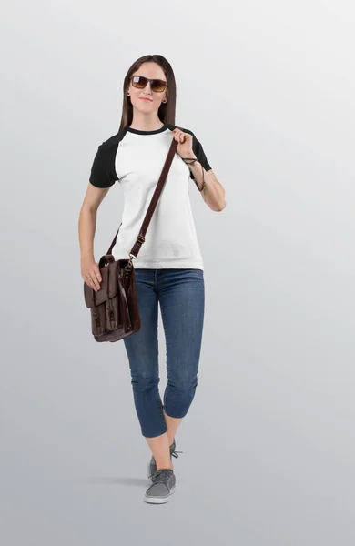 Standing Female Model White Black Plain Raglan Shirt Wearing Blue — Stock Photo, Image