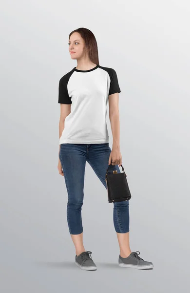 Standing Female Model White Black Plain Raglan Shirt Wearing Blue — Stock Photo, Image
