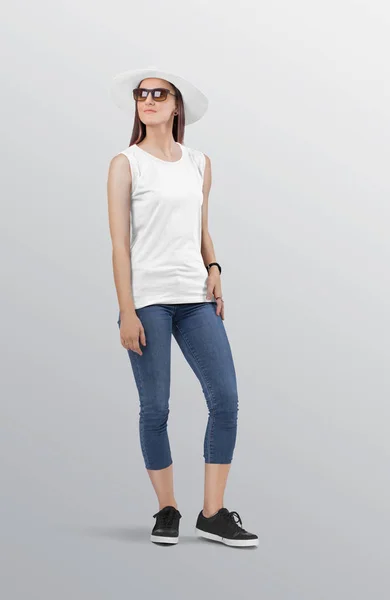 Standing Attractive Female Model White Plain Sleeveless Shirt Wearing Blue — Stock Photo, Image