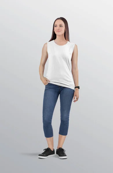Standing Attractive Female Model White Plain Sleeveless Shirt Wearing Blue — Stock Photo, Image