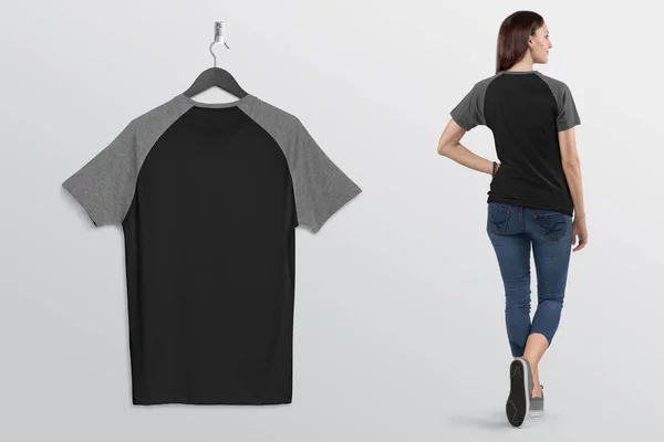 Camiseta Raglán Lisa Negra Gris Colgante Pared Con Hermoso Modelo — Foto de Stock