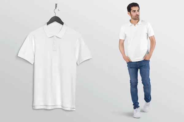 Opknoping Witte Effen Polo Shirt Aan Muur Met Mannelijk Model — Stockfoto