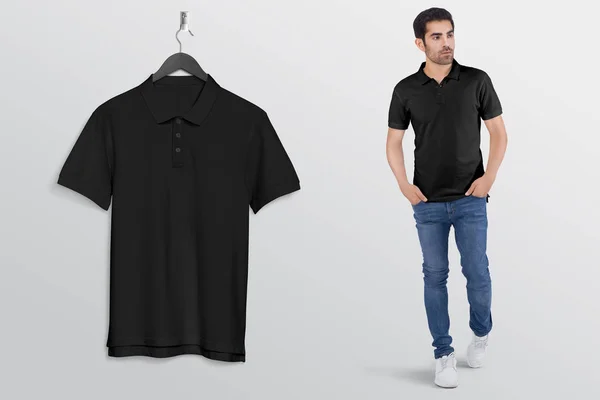 Hangend Zwart Effen Polo Shirt Aan Muur Met Mannelijk Model — Stockfoto