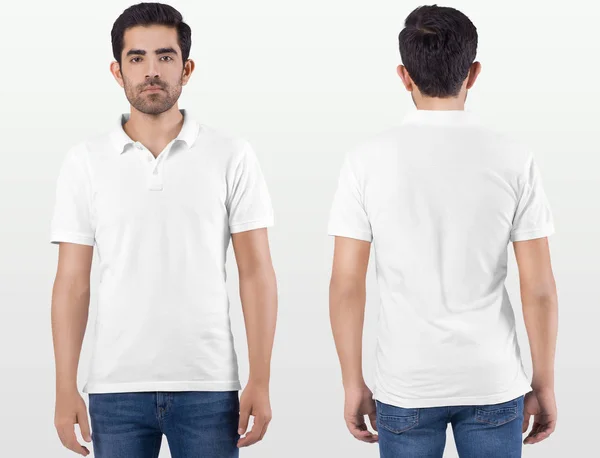 Front and back view of male model wearing plain white polo t shirt. isolated Background