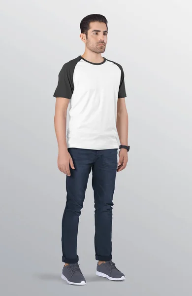 Shirt Raglan Uni Blanc Gris Jean Pantalon Bleu Contexte Isolé — Photo