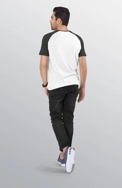 Visão Traseira Andar Bonito Modelo Masculino Vestindo Branco Cinza Camisa — Fotografia de Stock
