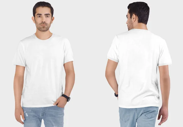 Aparência Dianteira Traseira Modelo Masculino Vestindo Camiseta Lisa Branca Fundo — Fotografia de Stock