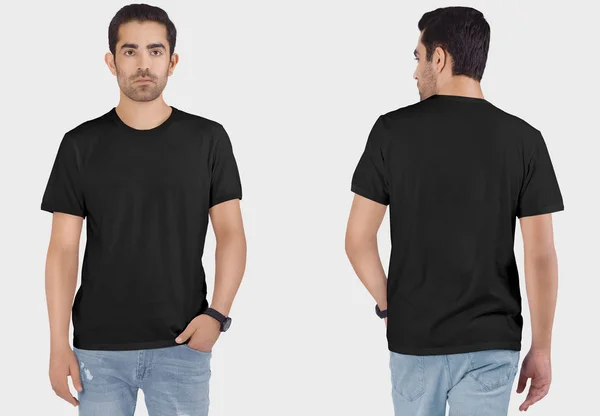 Vista Frontal Trasera Del Modelo Masculino Con Camiseta Lisa Negra — Foto de Stock