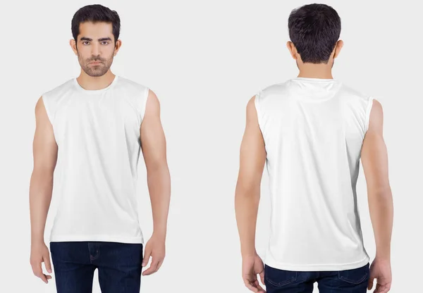 Front and back view of male model wearing white plain sleeveless shirt on isolated background.