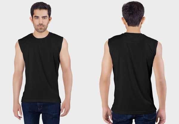 Lopend Mannelijk Model Met Witte Zwarte Effen Raglan Shirt Met — Stockfoto