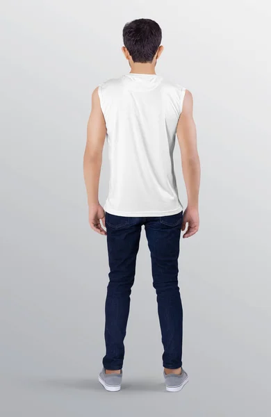 Vista Posterior Del Modelo Guapo Pie Masculino Camisa Blanca Sin — Foto de Stock
