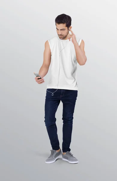 Male Standing Handsome Model White Plain Sleeveless Shirt Holding Cellphone — Stock Photo, Image