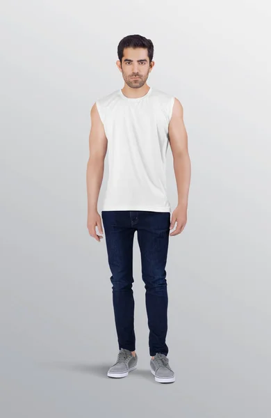 Masculino Bonito Modelo Branco Liso Sem Mangas Camisa Segurando Bagagem — Fotografia de Stock