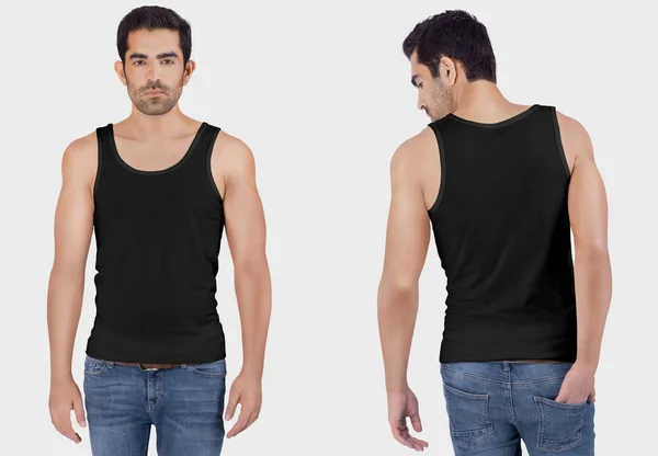 Voor Achteraanzicht Van Mannelijk Model Zwart Effen Top Shirt Met — Stockfoto