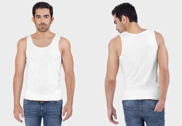 Widok Przodu Tyłu Modelu Męskiego Białej Gładkiej Koszuli Koszuli Dżinsami — Zdjęcie stockowe