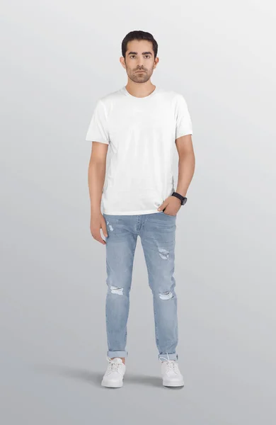 Standing Male Model Wearing White Plain Shirt Blue Ripped Denim — Stock Photo, Image