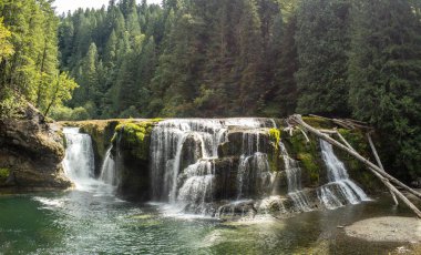 Stunning aerial photos of Lower Lewis River Falls on the majestic Lewis River in Skamania County and the Gifford Pinchot National Forest in Washington State clipart