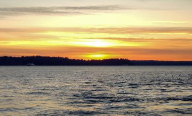 Puget Boğazı 'nın dalgalı sularında, Vashon Adası ve Blake Adası Denizcilik Parkı' ndan uzakta, martılarla ve Washington Eyalet Feribotuyla güzel bir gün batımının canlı görüntüleri.
