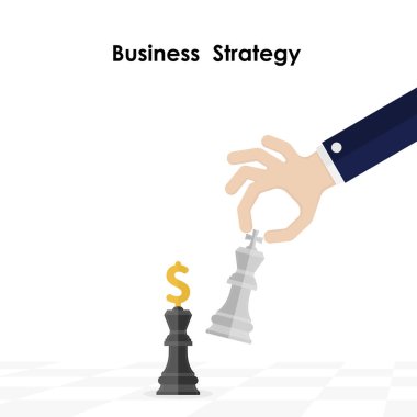 El ve iş ve pazarlama stratejisi ile satranç sembolü kralı. İşadamı el holding satranç parça Kral. Başarı için lideri ve ekip çalışması kavramı. Satranç kavramı Kral kaydetmek ve strateji kaydedin. İş stratejisi kavramı. Vektör çizim.