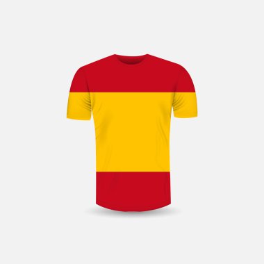 Erkek T-shirt simgesi ve İspanya arka plan bayrak. Yuvarlak boyun Jersey arka plan. Önden görünüm. Gölgeleri ve vurguları mock-up şablonları. Beyaz mayoyu şablon tasarımı kadar sahte. Vektör çizim