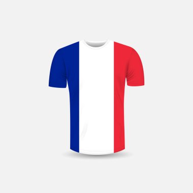 Erkek T-shirt simgesi ve Fransa arka plan bayrak. Yuvarlak boyun Jersey arka plan. Önden görünüm. Gölgeleri ve vurguları mock-up şablonları. Beyaz mayoyu şablon tasarımı kadar sahte. Vektör çizim