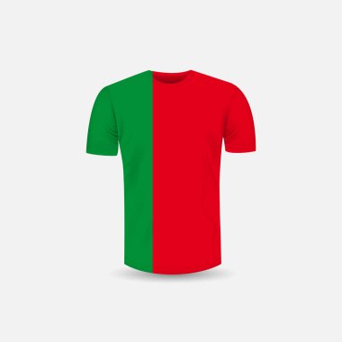Erkek T-shirt simgesi ve Portekiz arka plan bayrak. Yuvarlak boyun Jersey arka plan. Önden görünüm. Gölgeleri ve vurguları mock-up şablonları. Beyaz mayoyu şablon tasarımı kadar sahte. Vektör çizim