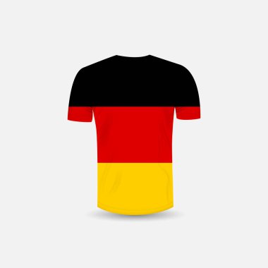 Erkek T-shirt simgesi ve Almanya arka plan bayrak. Yuvarlak boyun Jersey arka plan. Önden görünüm. Gölgeleri ve vurguları mock-up şablonları. Beyaz mayoyu şablon tasarımı kadar sahte. Vektör çizim