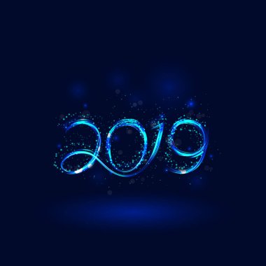 Happy New Year 2019 background.Vector illustration for holiday design.Party poster.Greeting card,banner or invitation template.Abstract burning circles with glitter swirl trail effect background.Glowing lights