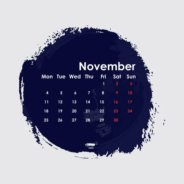 November 2019 Kalendervorlage Monday Vektorillustration — Stockvektor