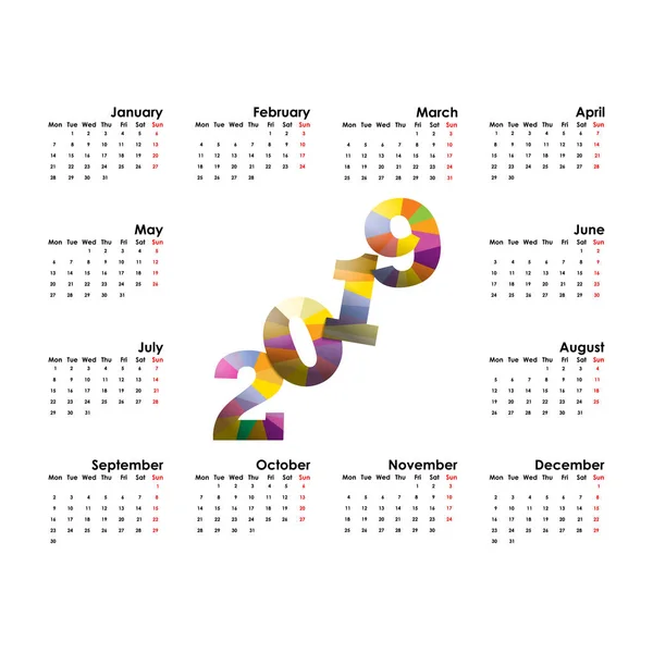 2019 Calendário Template Starts Monday Yearly Calendário Vetor Design Papelaria —  Vetores de Stock