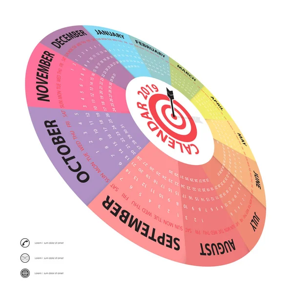 Šablona Kalendáře Kalendář Template Circle 2019 Kalendář 2019 Set Months — Stockový vektor