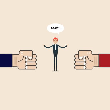 Competition,Mediation or Referee concept.Businessman and blue,red corner sign.Mediator assists disputing parties.Resolving conflict or dispute resolution.Referee between two businessmen. clipart