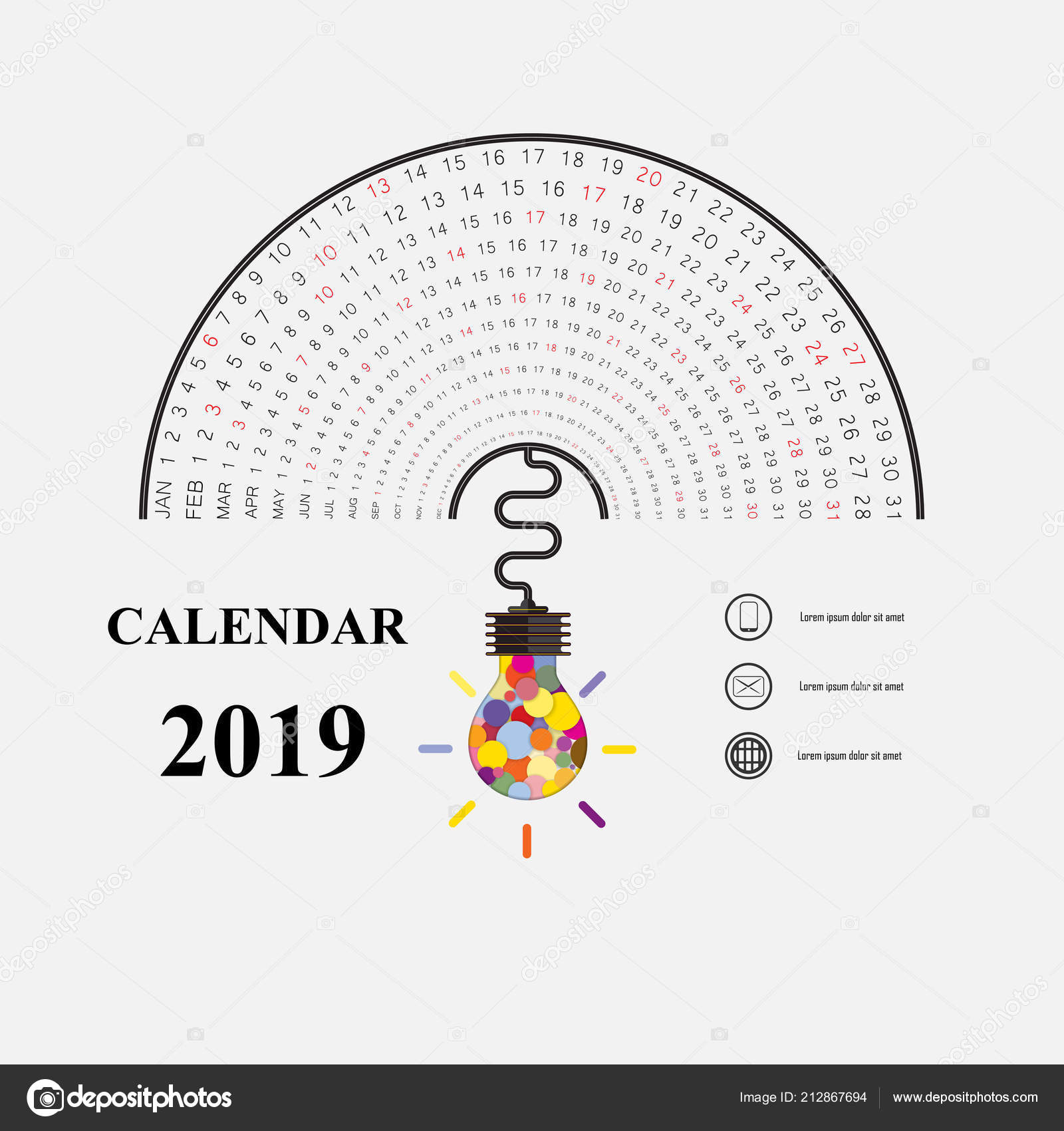 2019 calendar template idea light bulb icon semicircle calendar light template